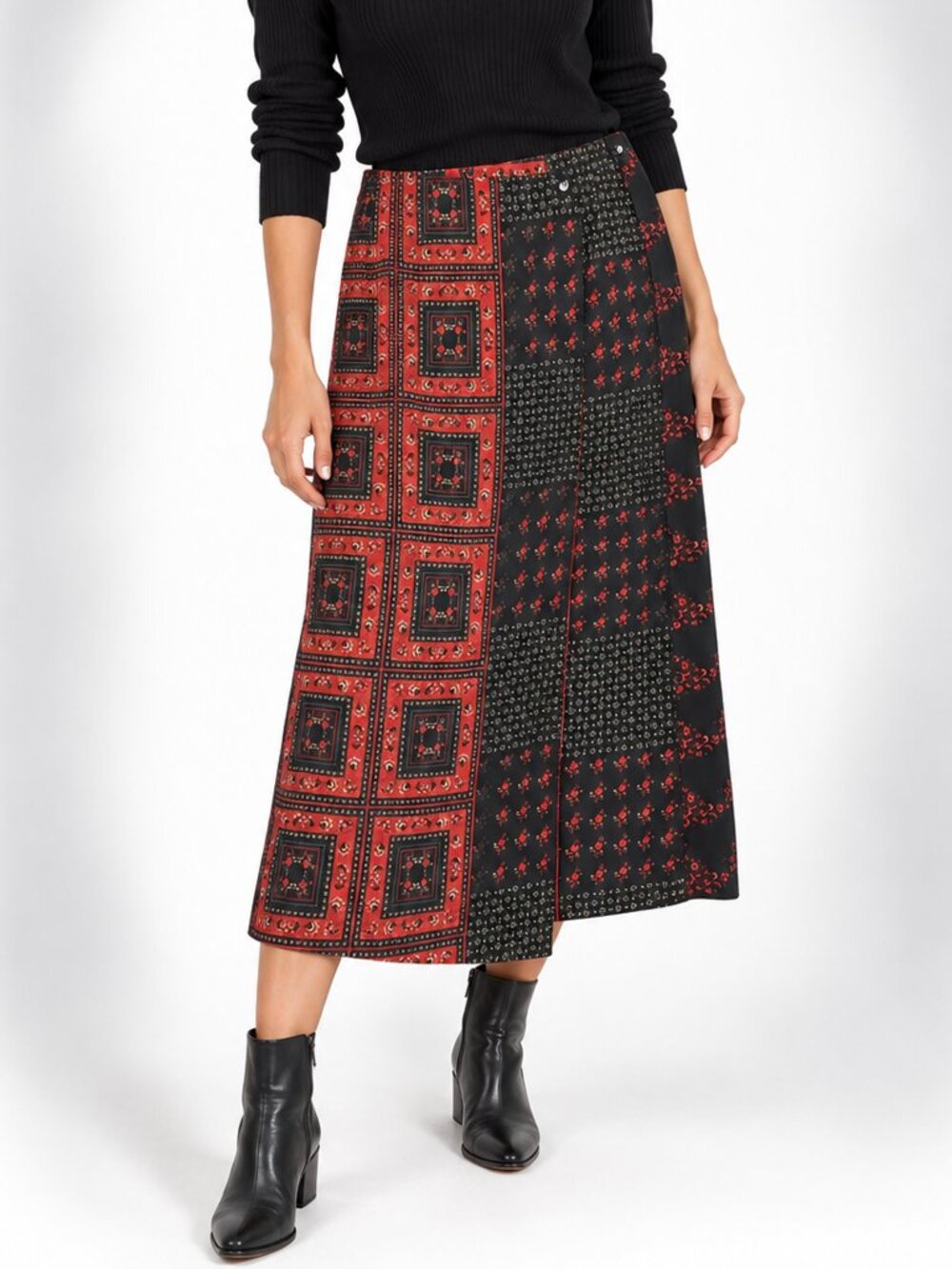 Vintage Studio C Size 12 Red Black Bandana Patchwork Faux Wrap Maxi Skirt